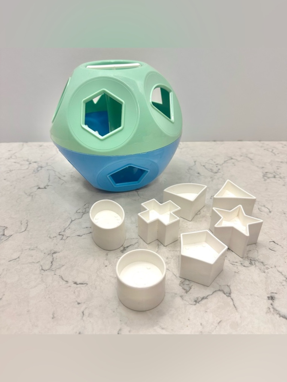 Tupperware Blue Turquoise Shape-O Toy Ball 7 Shapes Educational Sorting Toy